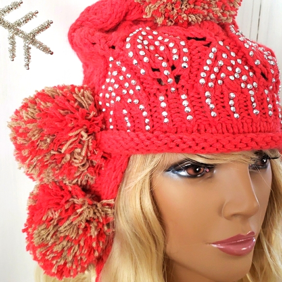 Red Bling Winter Knit Hat Adult Size - Picture 4 of 10